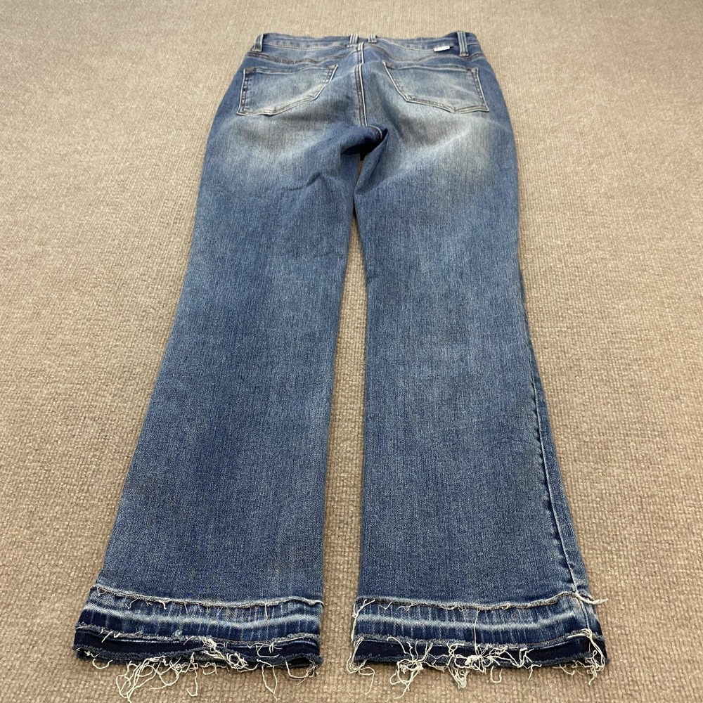 Risen Flare Jeans Womens 7/28 Blue Med Wash Mid Rise Distressed Fringe Hem - Picture 6 of 13